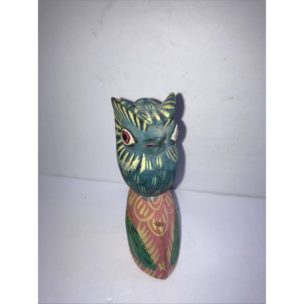 Hand Carved & Painted Wood Owl On Bell 6 X 2.5 Folk Art